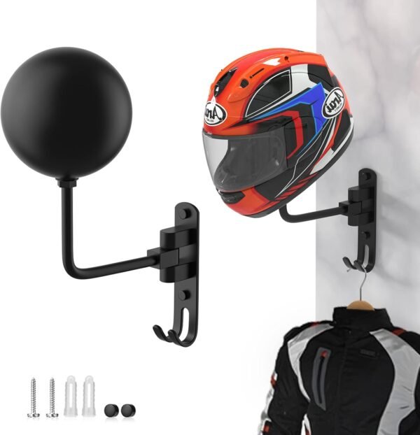 LIFXIZE Motorcycle Helmet Hanger Wall Mount – 180° Swivel Helmet Holder with Double Hooks
